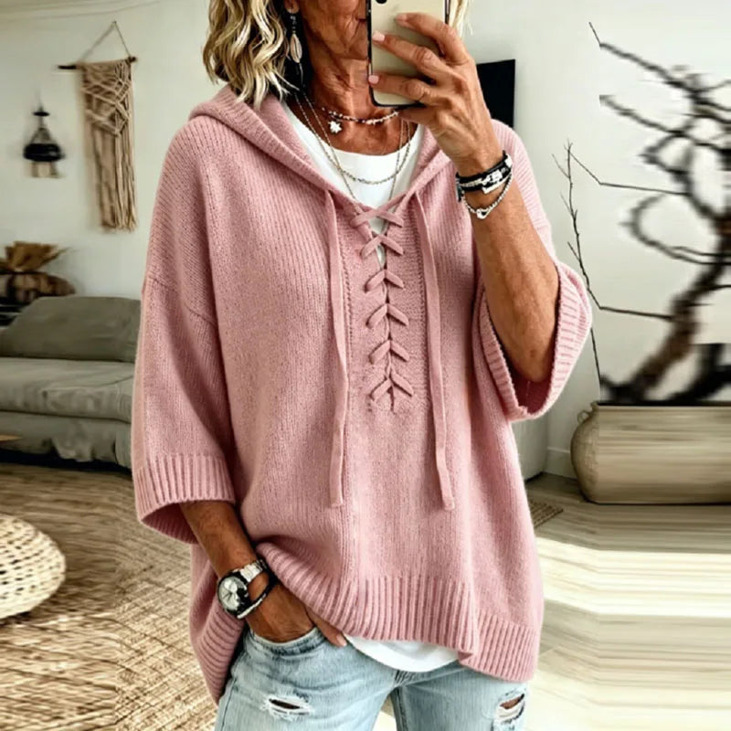 Women's Oversized Knit Sweater Hooded Lace-Up Front Casual Layering