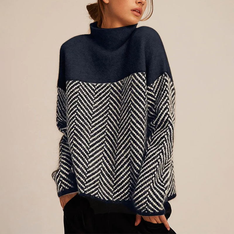 Women's Oversized Knit Sweater Herringbone Pattern Roll Neck Casual Everyday