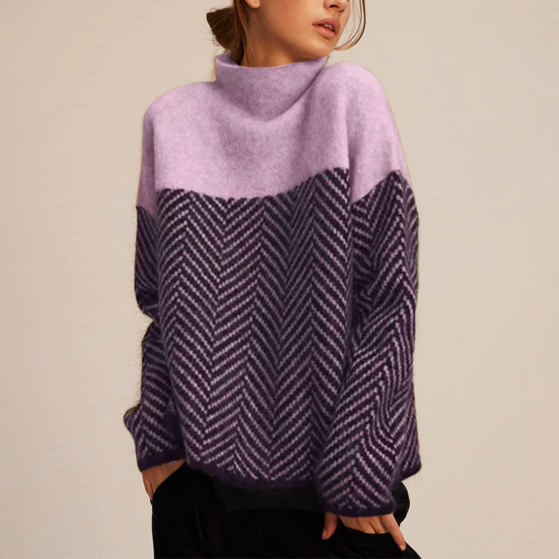 Women's Oversized Knit Sweater Herringbone Pattern Roll Neck Casual Everyday