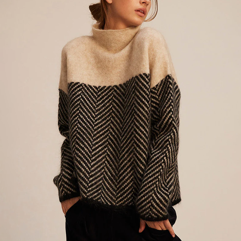 Women's Oversized Knit Sweater Herringbone Pattern Roll Neck Casual Everyday