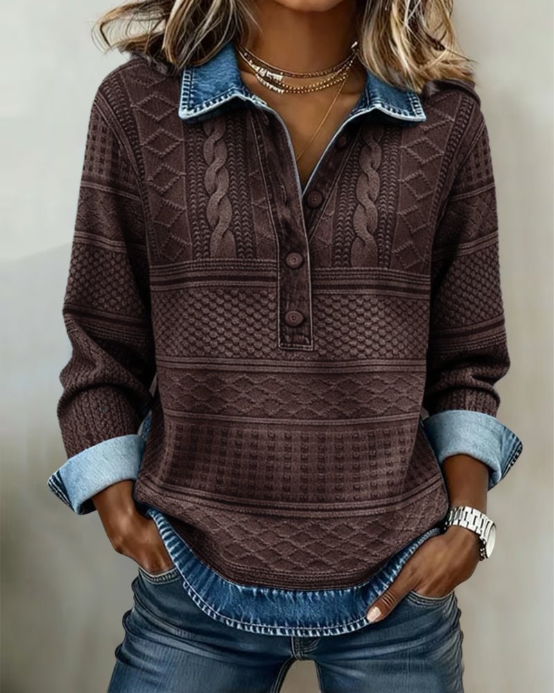 Women's Relaxed Cable Knit Sweater Denim Collar Button Placket Casual Everyday
