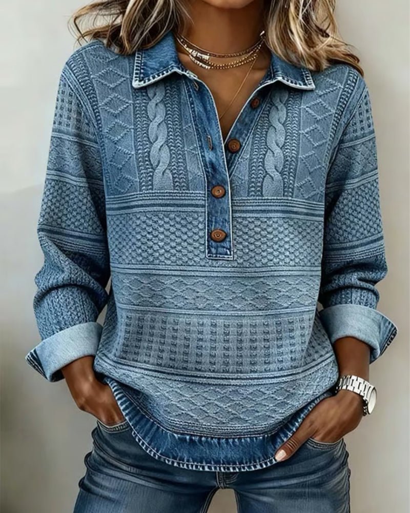 Women's Relaxed Cable Knit Sweater Denim Collar Button Placket Casual Everyday