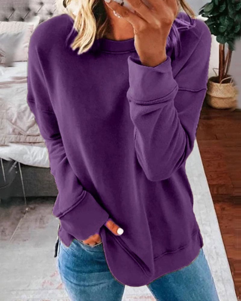 Women's Relaxed Sweatshirt Curved Hem Side Slits Casual Layering