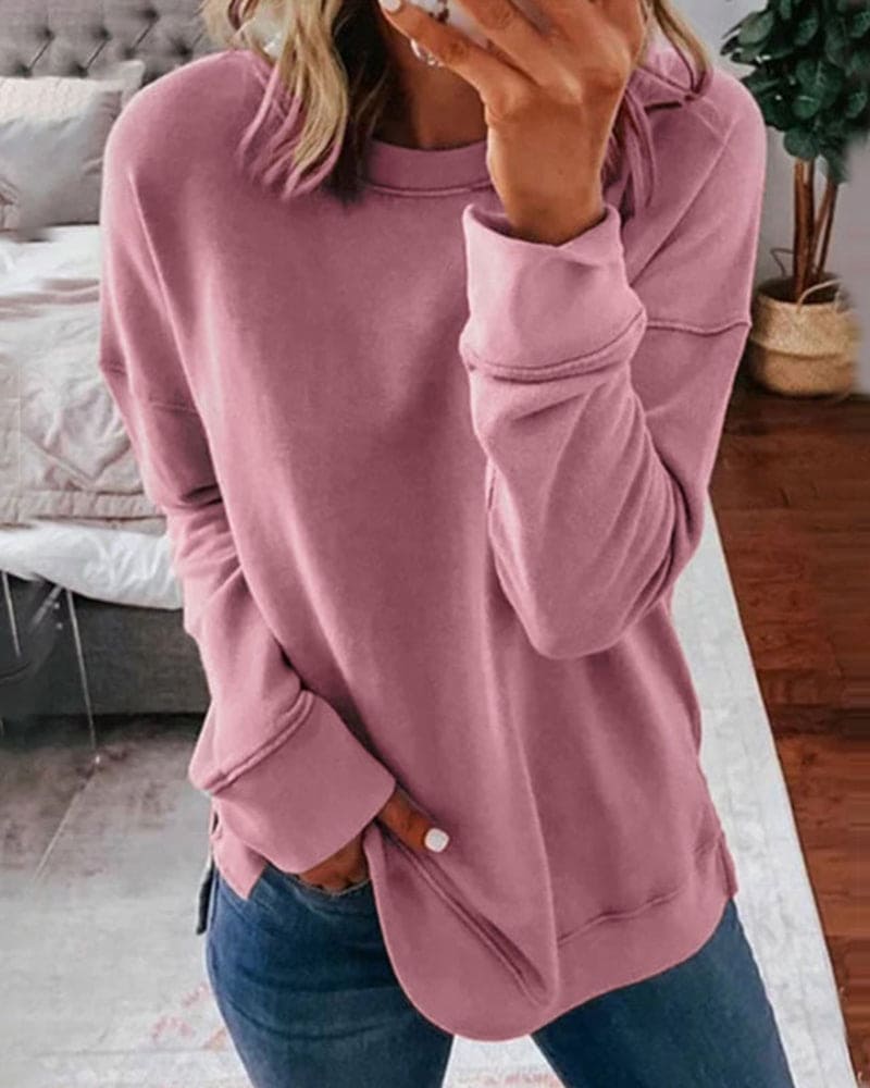 Women's Relaxed Sweatshirt Curved Hem Side Slits Casual Layering
