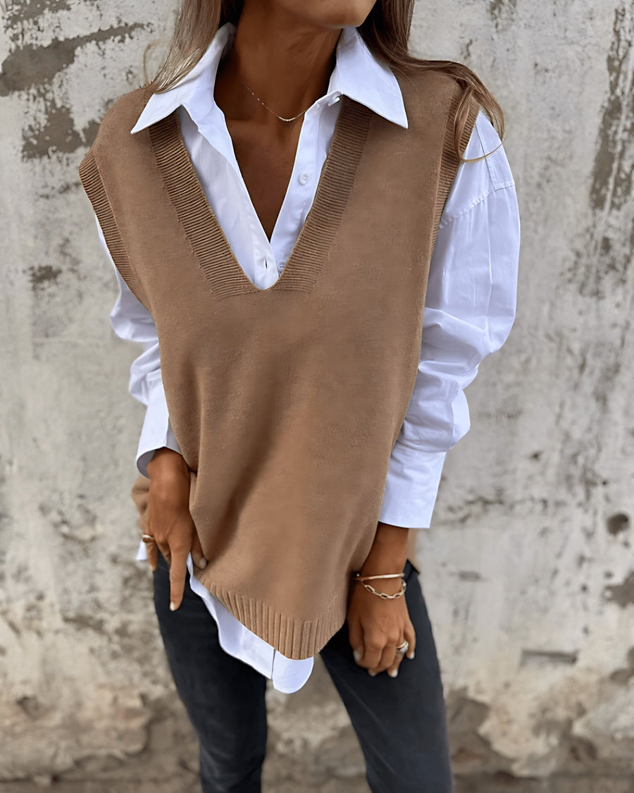 Women's Knit Sweater Vest Deep V-Neck Ribbed Trim Relaxed Fit Casual