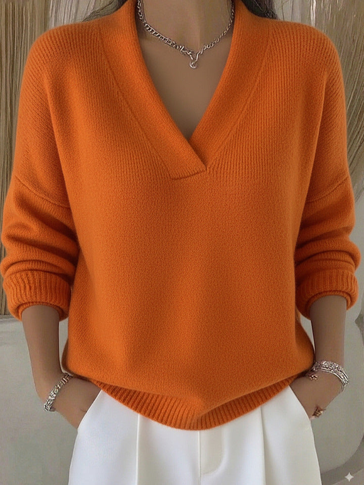 Women's Relaxed Knit Sweater Deep V-Neckline Ribbed Hem Casual Everyday