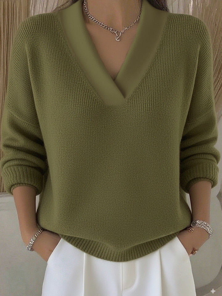 Women's Relaxed Knit Sweater Deep V-Neckline Ribbed Hem Casual Everyday