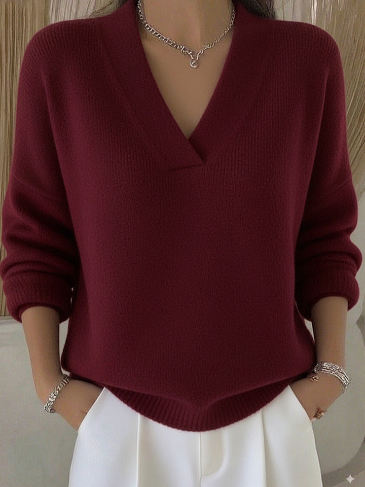 Women's Relaxed Knit Sweater Deep V-Neckline Ribbed Hem Casual Everyday