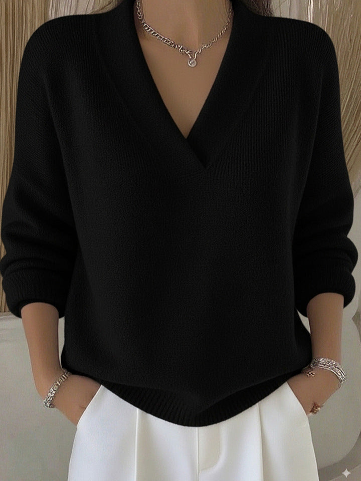 Women's Relaxed Knit Sweater Deep V-Neckline Ribbed Hem Casual Everyday