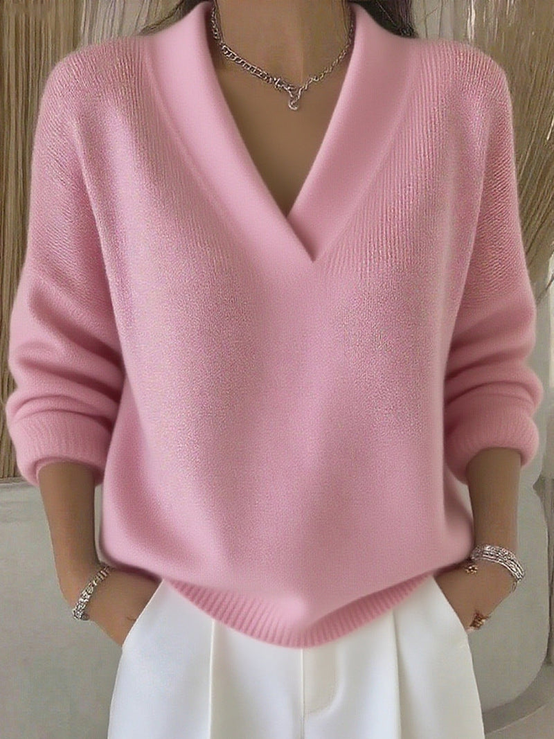 Women's Relaxed Knit Sweater Deep V-Neckline Ribbed Hem Casual Everyday