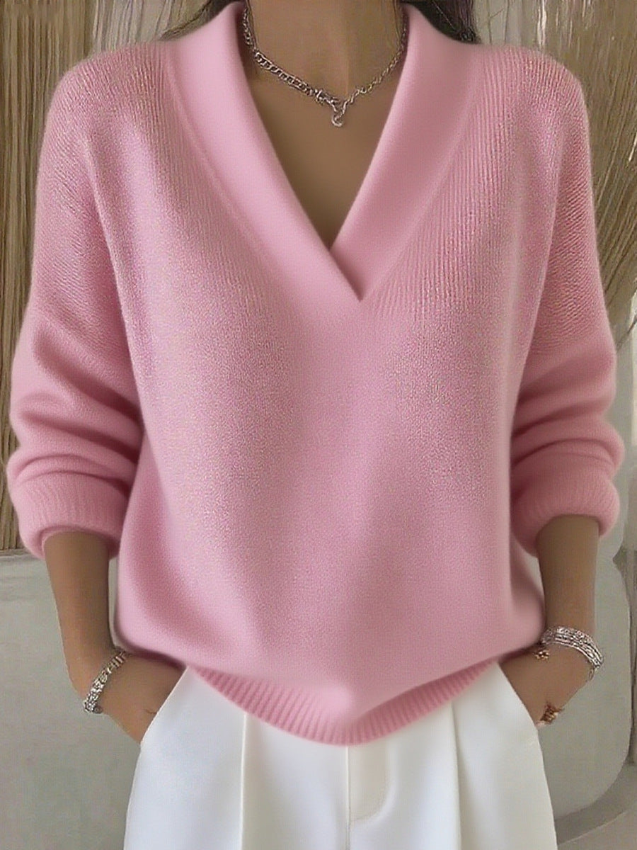 Women's Relaxed Knit Sweater Deep V-Neckline Ribbed Hem Casual Everyday