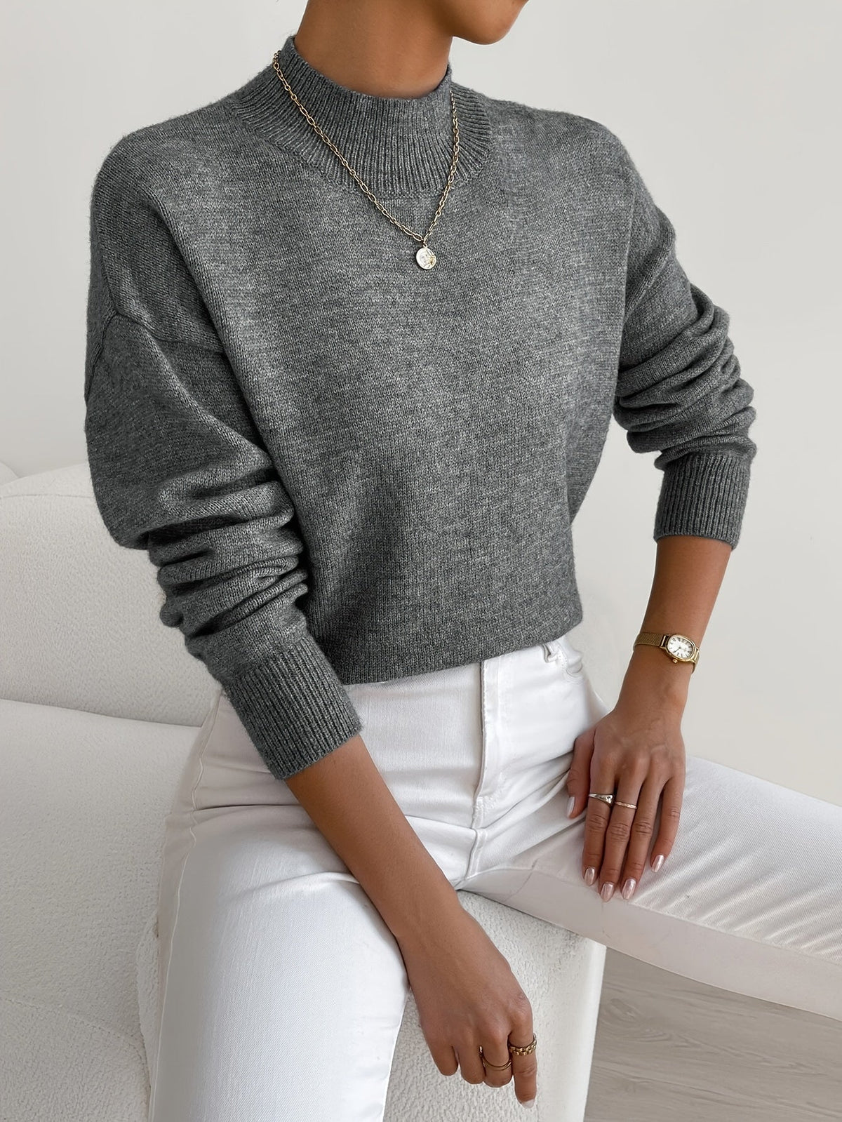 Women's Relaxed Knit Sweater Mock Neck Ribbed Cuffs Casual Layering