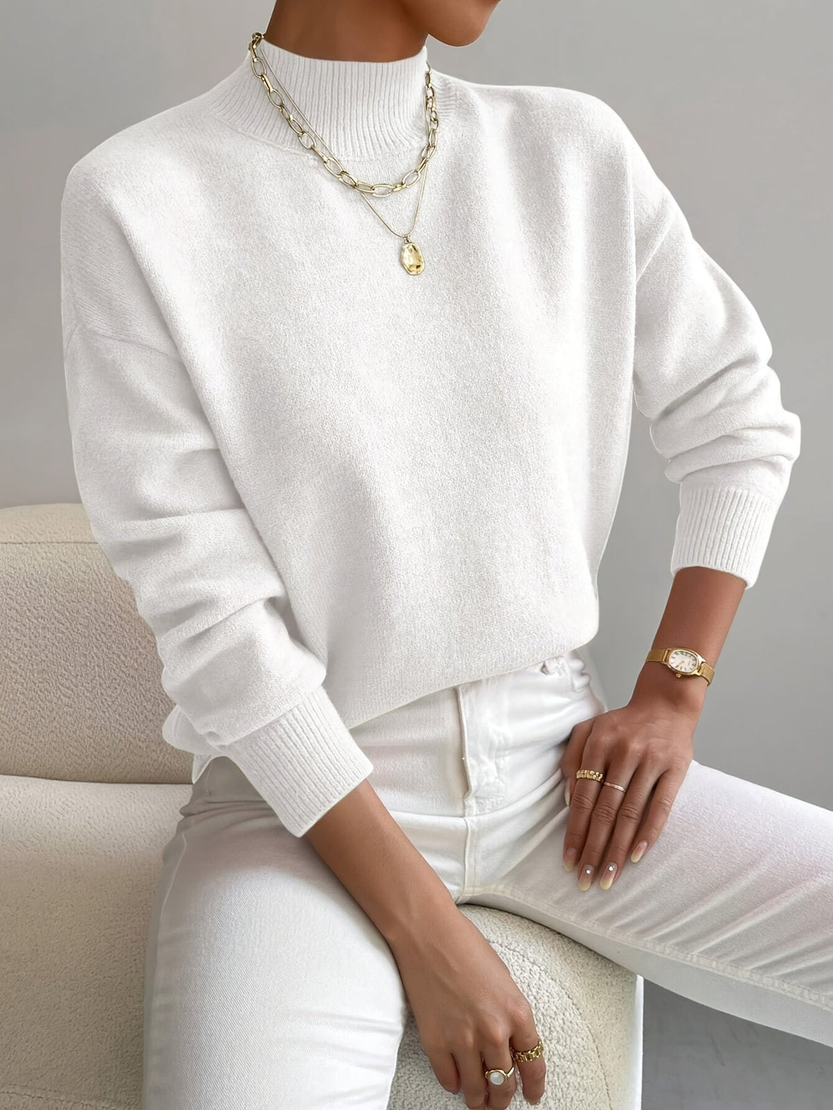 Women's Relaxed Knit Sweater Mock Neck Ribbed Cuffs Casual Layering