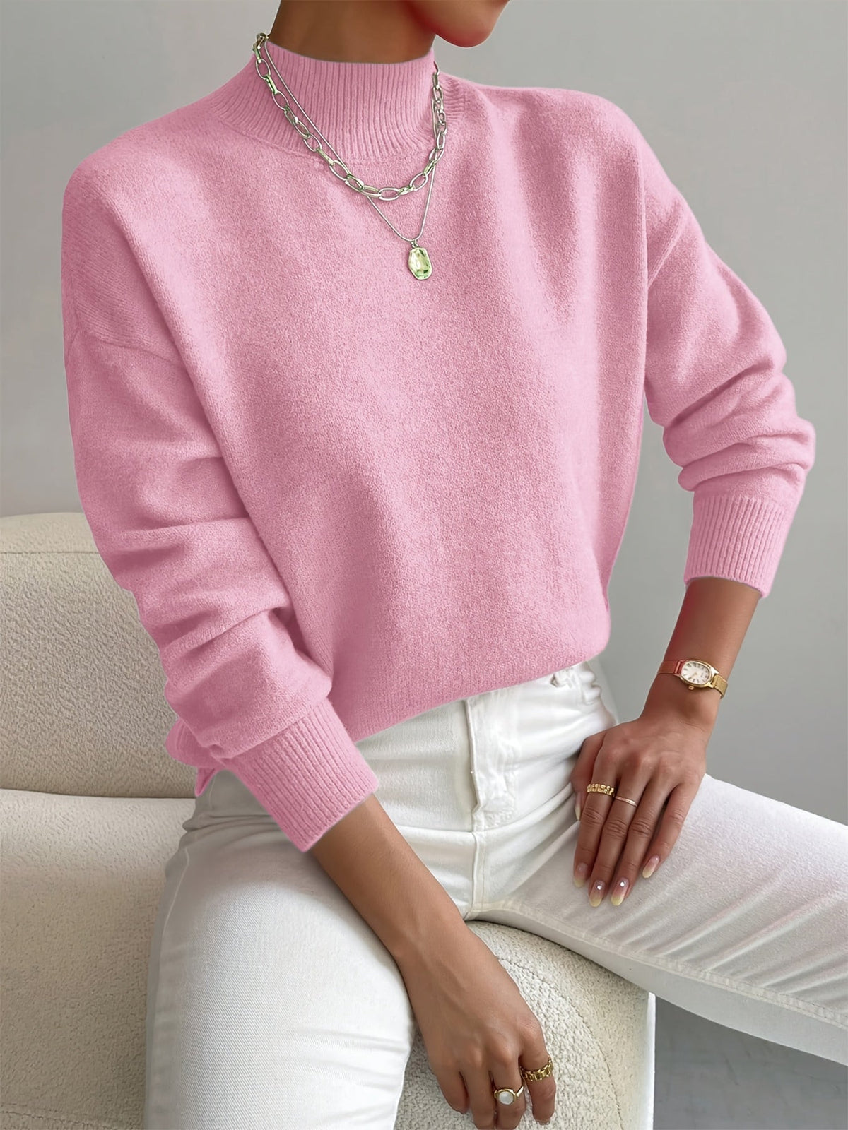 Women's Relaxed Knit Sweater Mock Neck Ribbed Cuffs Casual Layering