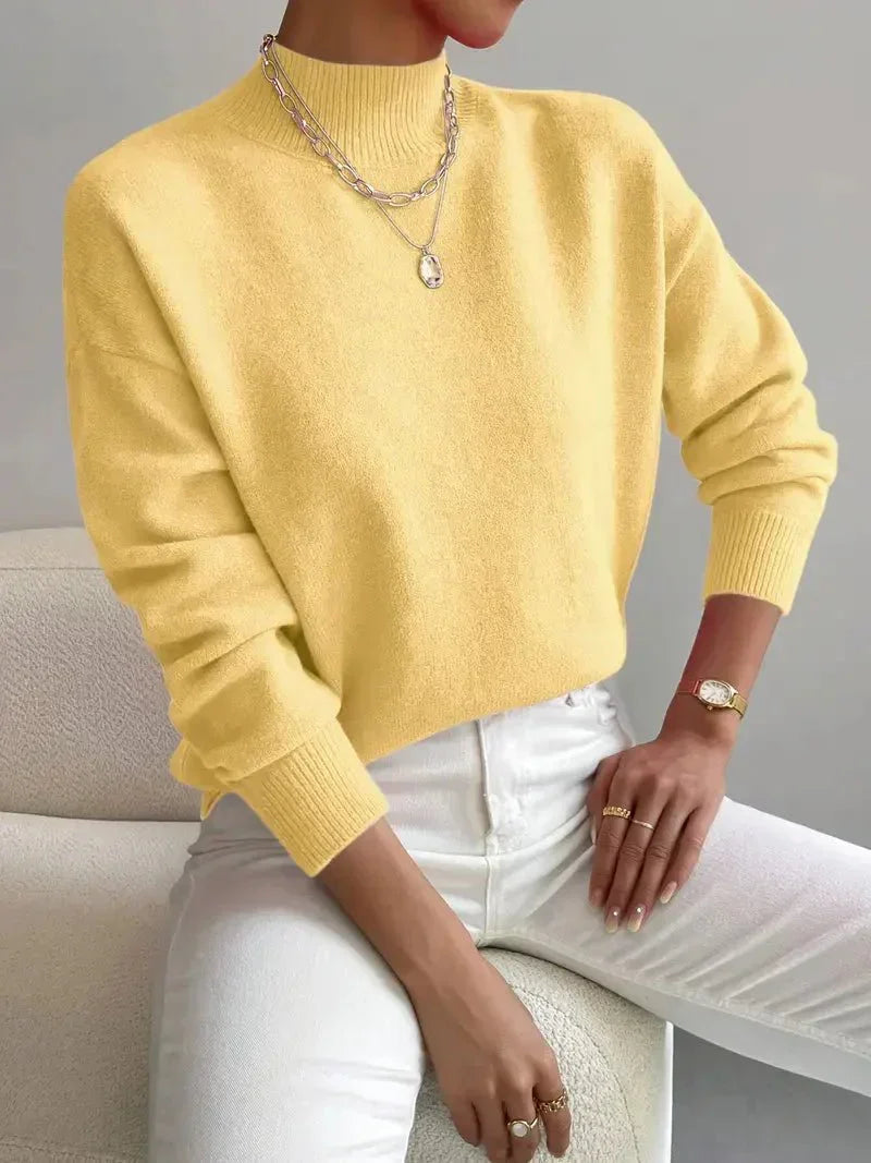 Women's Relaxed Knit Sweater Mock Neck Ribbed Cuffs Casual Layering