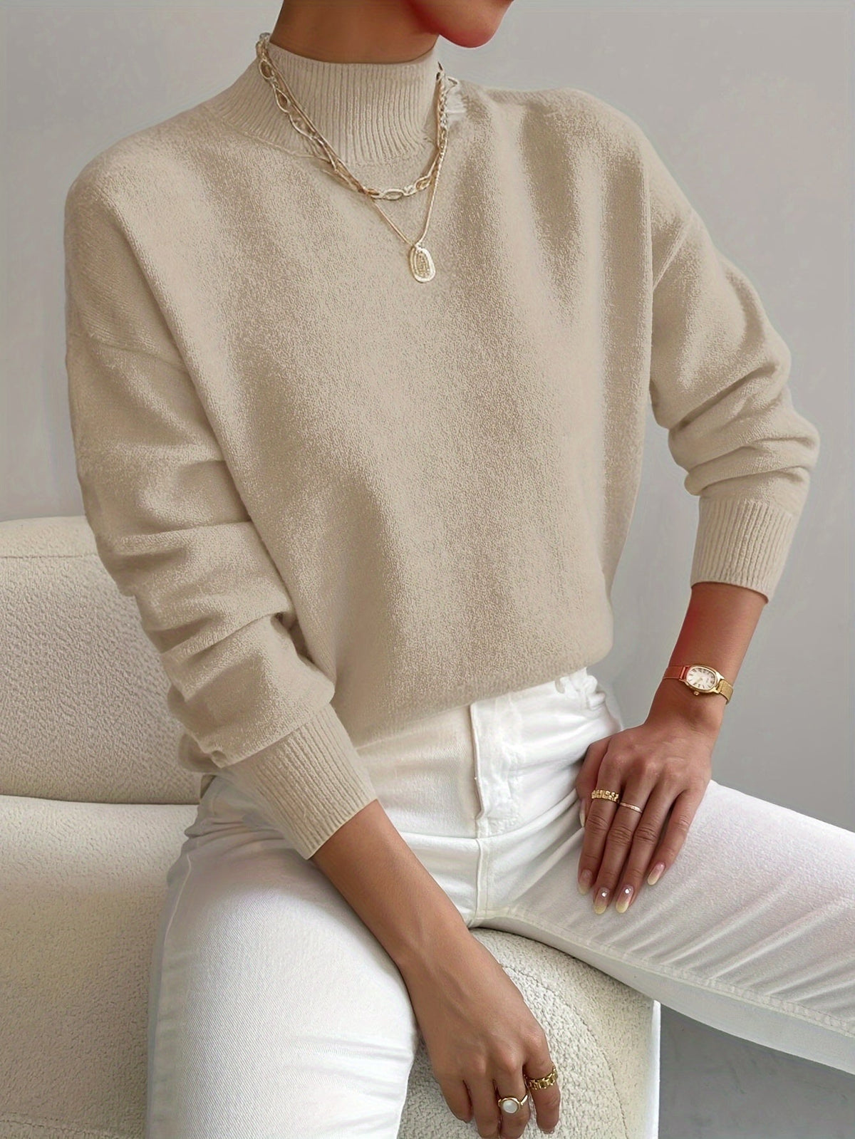 Women's Relaxed Knit Sweater Mock Neck Ribbed Cuffs Casual Layering