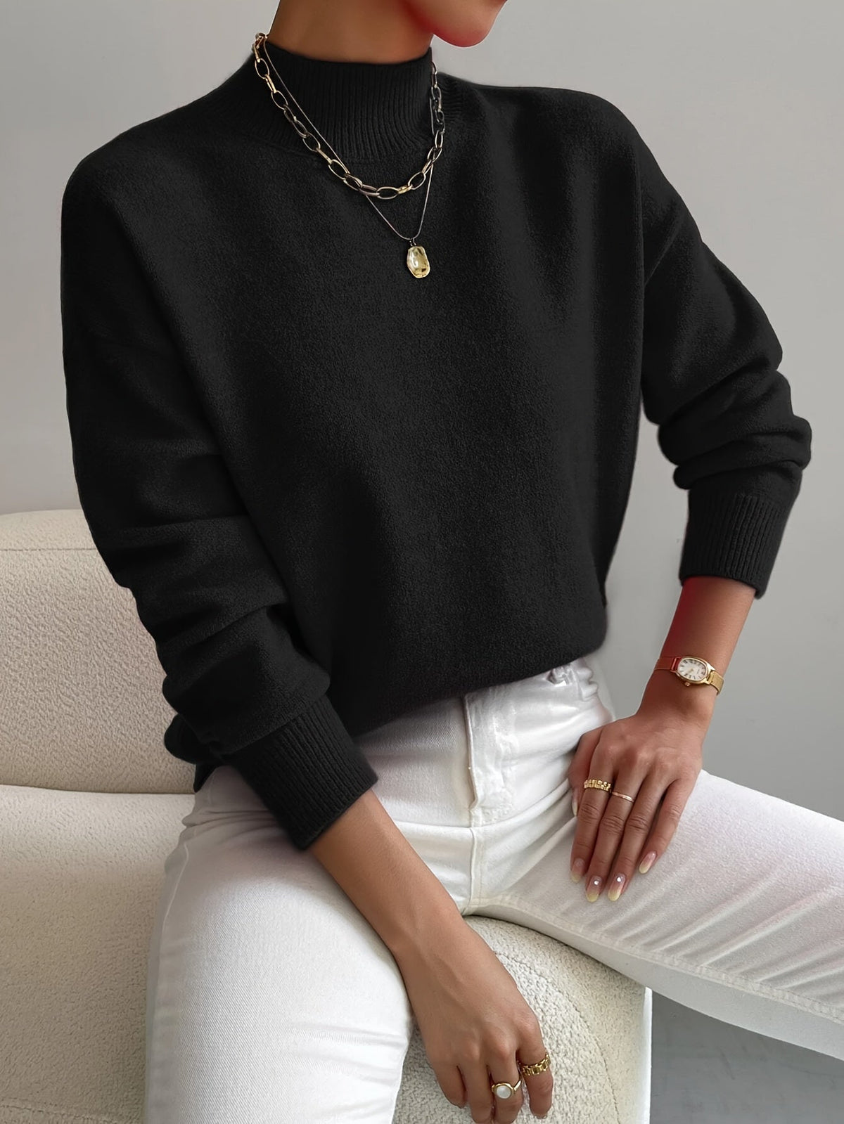 Women's Relaxed Knit Sweater Mock Neck Ribbed Cuffs Casual Layering