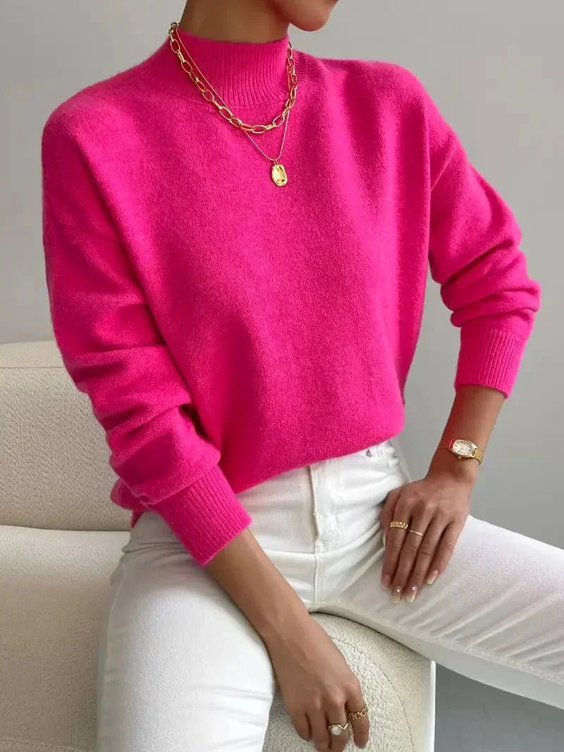 Women's Relaxed Knit Sweater Mock Neck Ribbed Cuffs Casual Layering