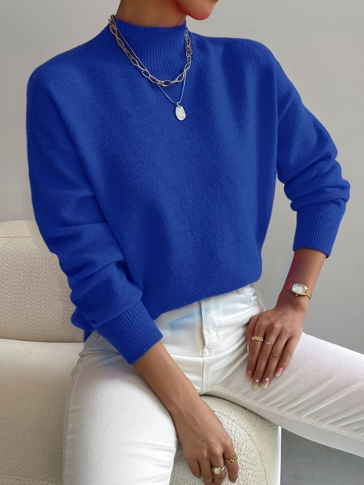 Women's Relaxed Knit Sweater Mock Neck Ribbed Cuffs Casual Layering