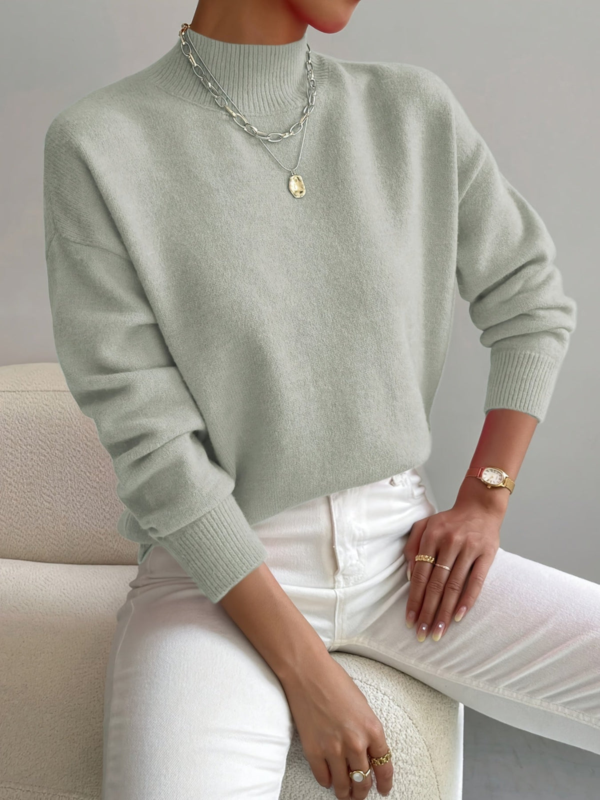 Women's Relaxed Knit Sweater Mock Neck Ribbed Cuffs Casual Layering