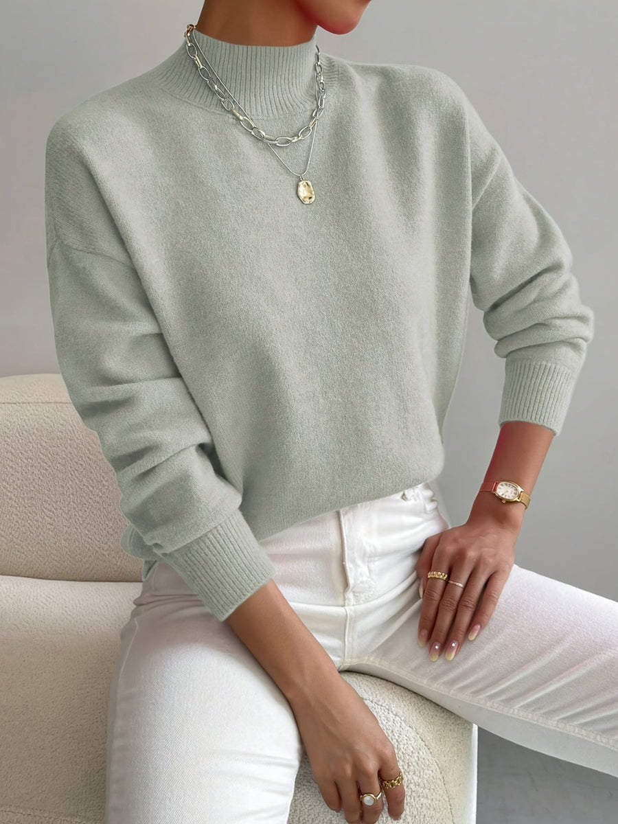 Women's Relaxed Knit Sweater Mock Neck Ribbed Cuffs Casual Layering