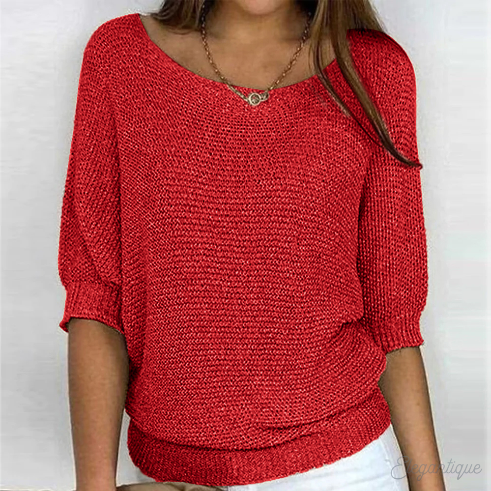 Women's Relaxed Knit Sweater Wide Sleeves Round Neck Casual Everyday