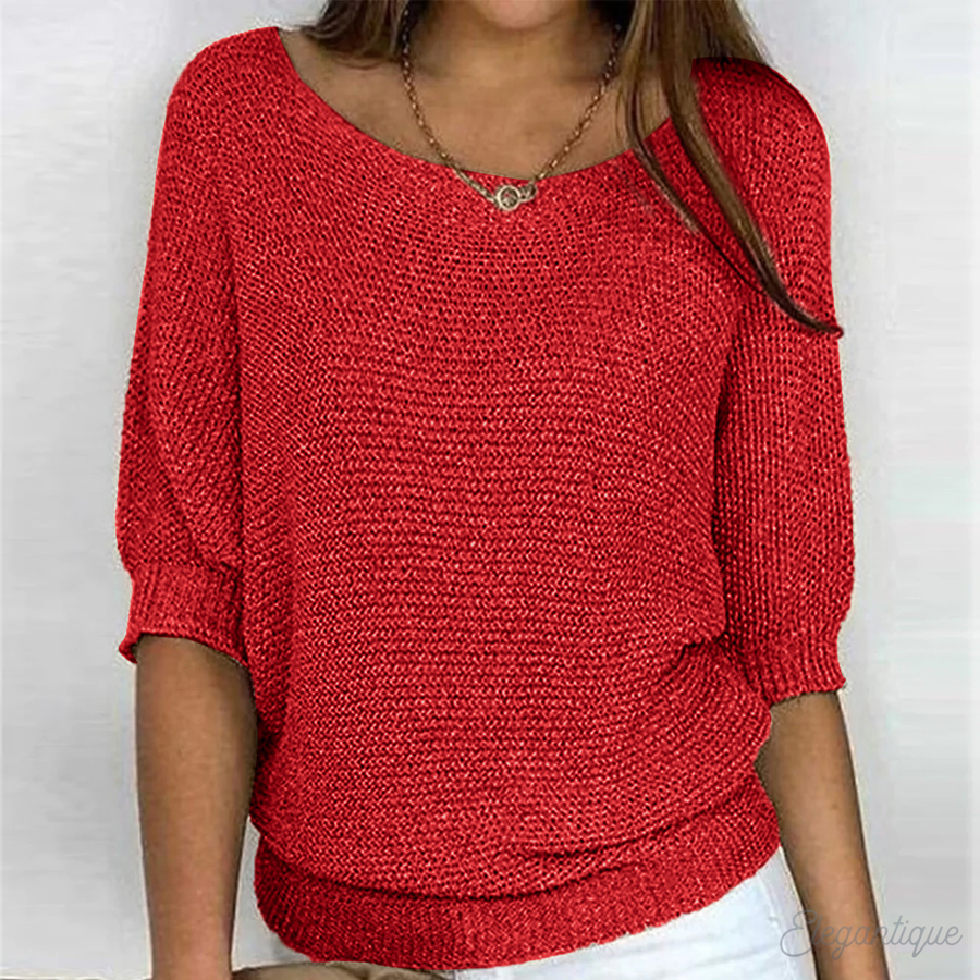 Women's Relaxed Knit Sweater Wide Sleeves Round Neck Casual Everyday