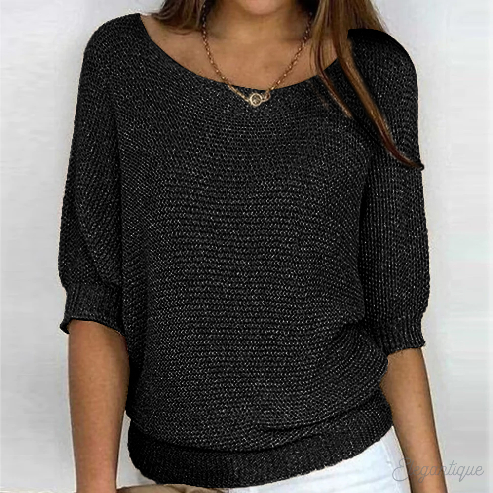 Women's Relaxed Knit Sweater Wide Sleeves Round Neck Casual Everyday