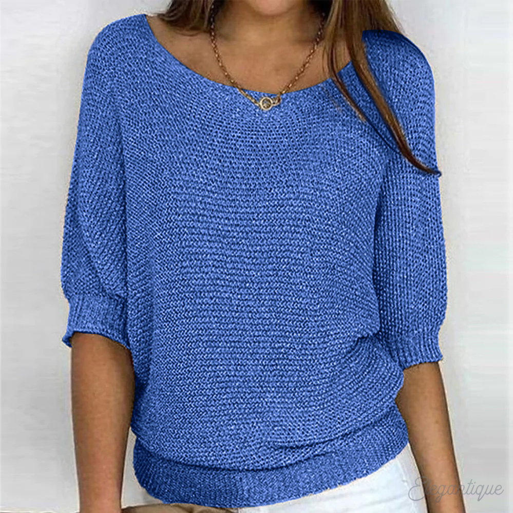 Women's Relaxed Knit Sweater Wide Sleeves Round Neck Casual Everyday