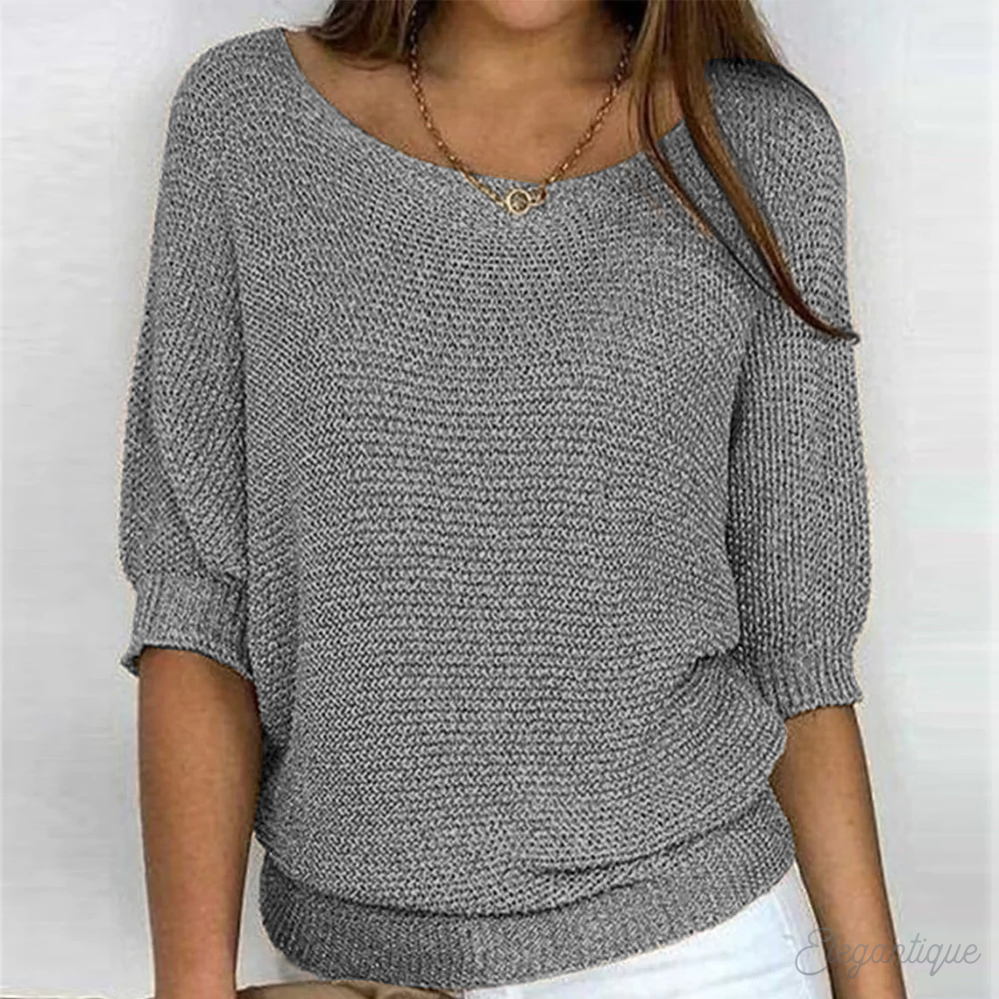 Women's Relaxed Knit Sweater Wide Sleeves Round Neck Casual Everyday
