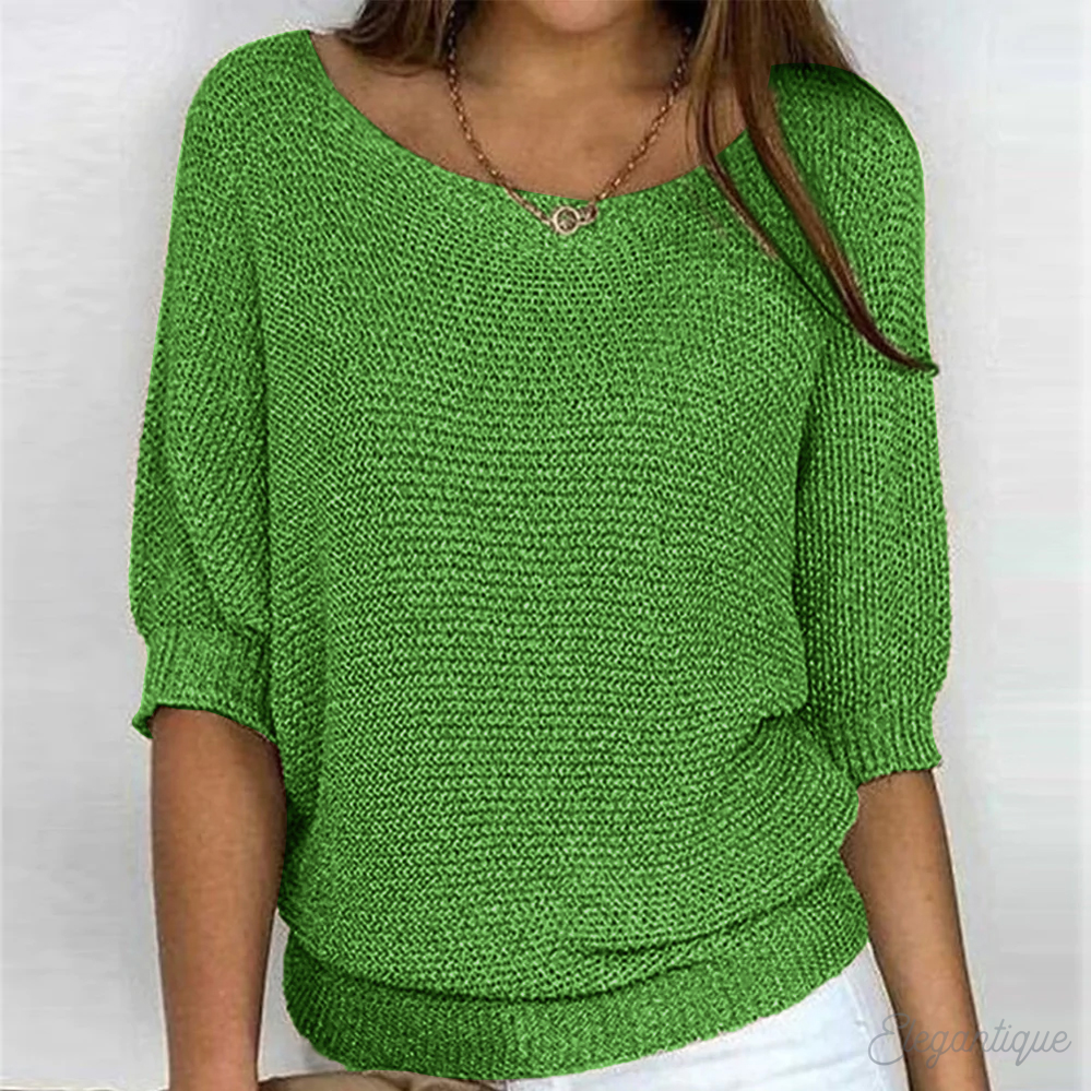 Women's Relaxed Knit Sweater Wide Sleeves Round Neck Casual Everyday
