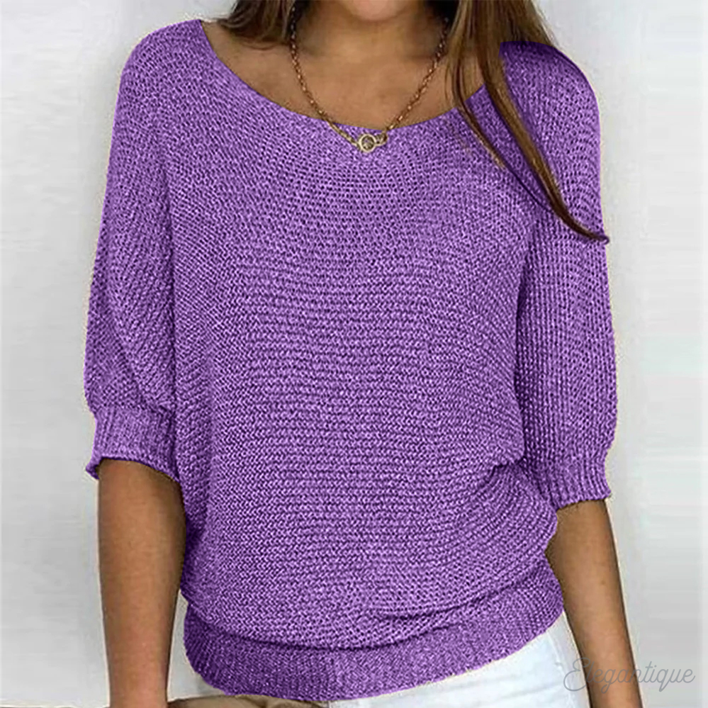Women's Relaxed Knit Sweater Wide Sleeves Round Neck Casual Everyday