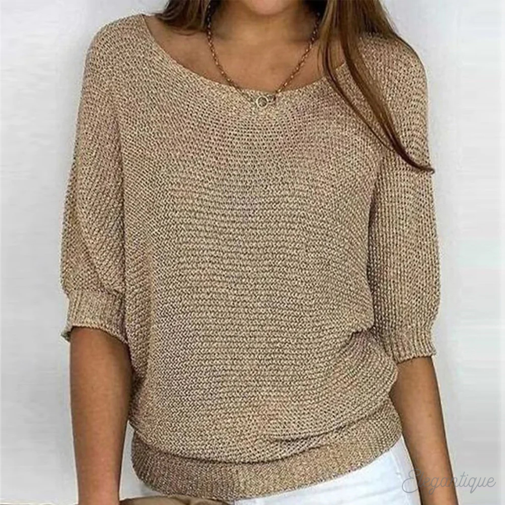 Women's Relaxed Knit Sweater Wide Sleeves Round Neck Casual Everyday