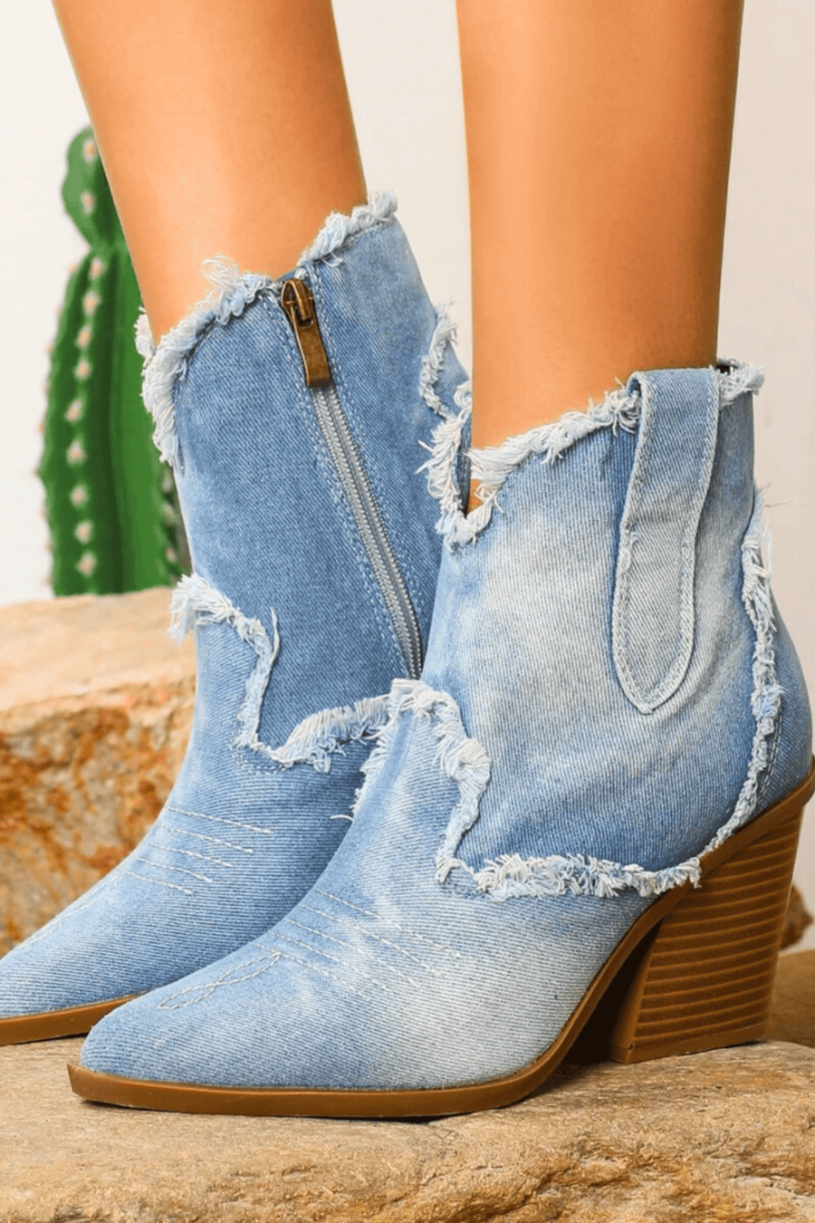 Women's Western Ankle Boots Frayed Edge Detail Stylish Casual Footwear