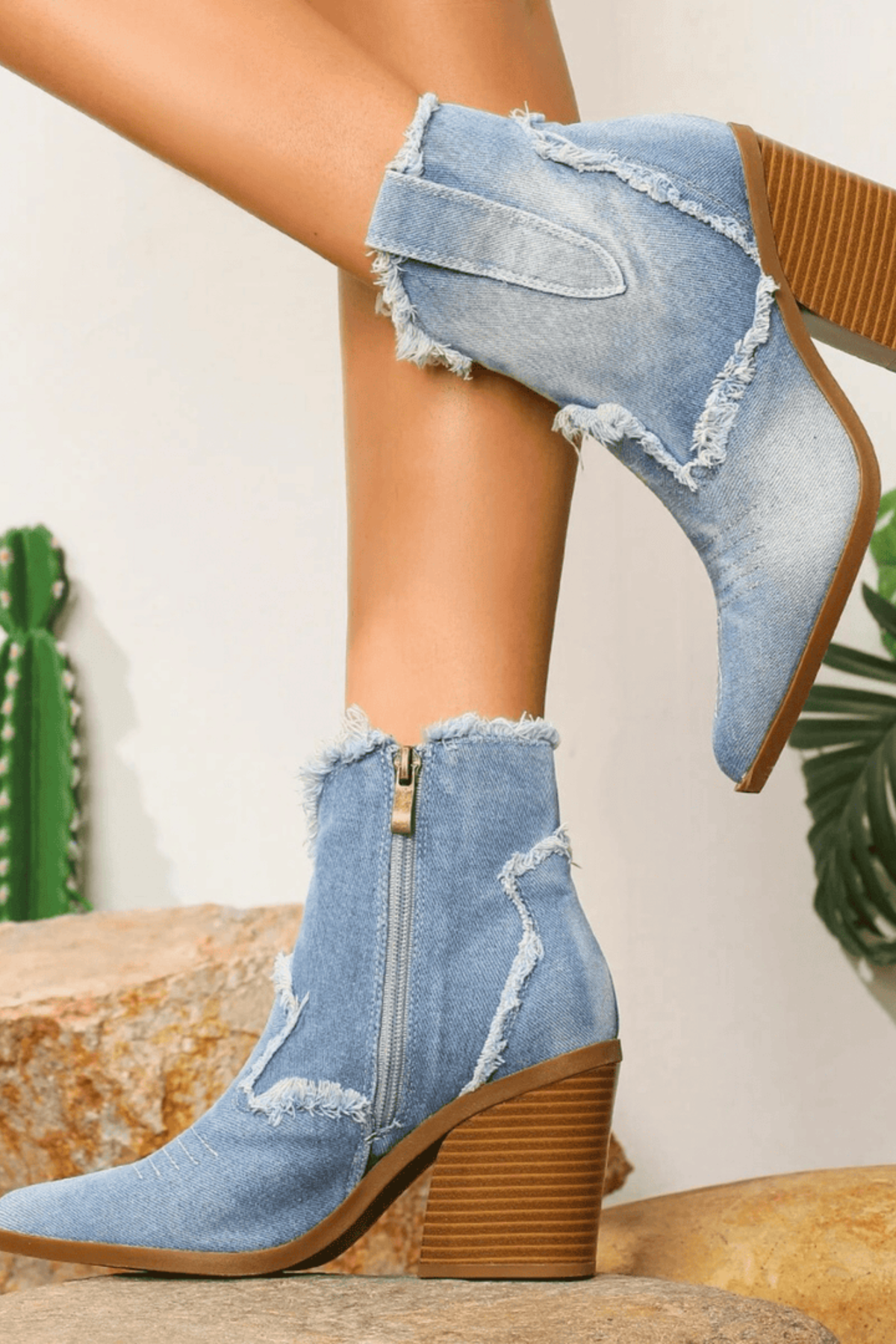 Women's Western Ankle Boots Frayed Edge Detail Stylish Casual Footwear