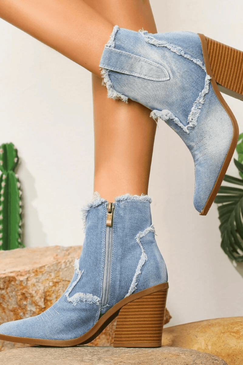 Women's Western Ankle Boots Frayed Edge Detail Stylish Casual Footwear