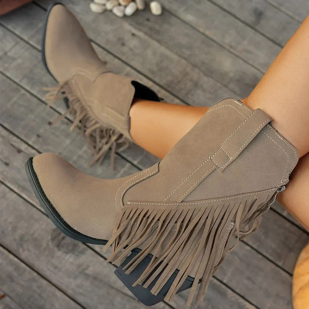 Women's Cowboy Boots Fringe Detail Fold-Over Strap Western Style Everyday