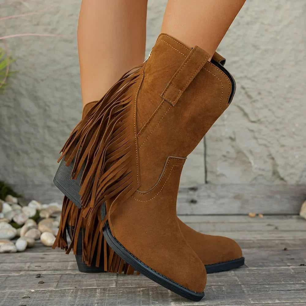 Women's Cowboy Boots Fringe Detail Fold-Over Strap Western Style Everyday
