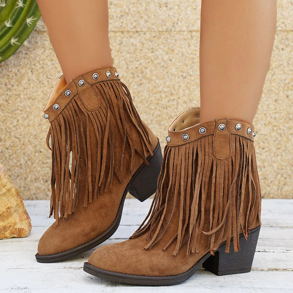 Women's Cowboy Boots Fringe Detail Fold-Over Strap Western Style Everyday