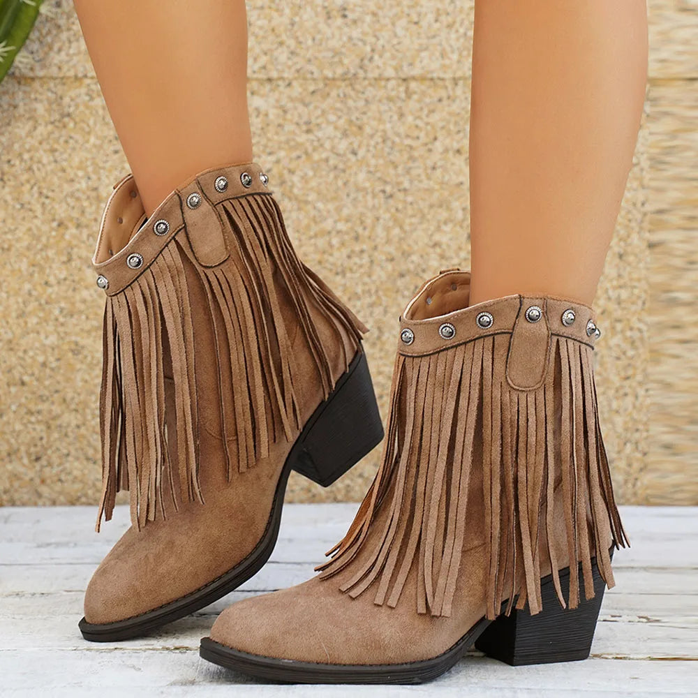 Women's Cowboy Boots Fringe Detail Fold-Over Strap Western Style Everyday