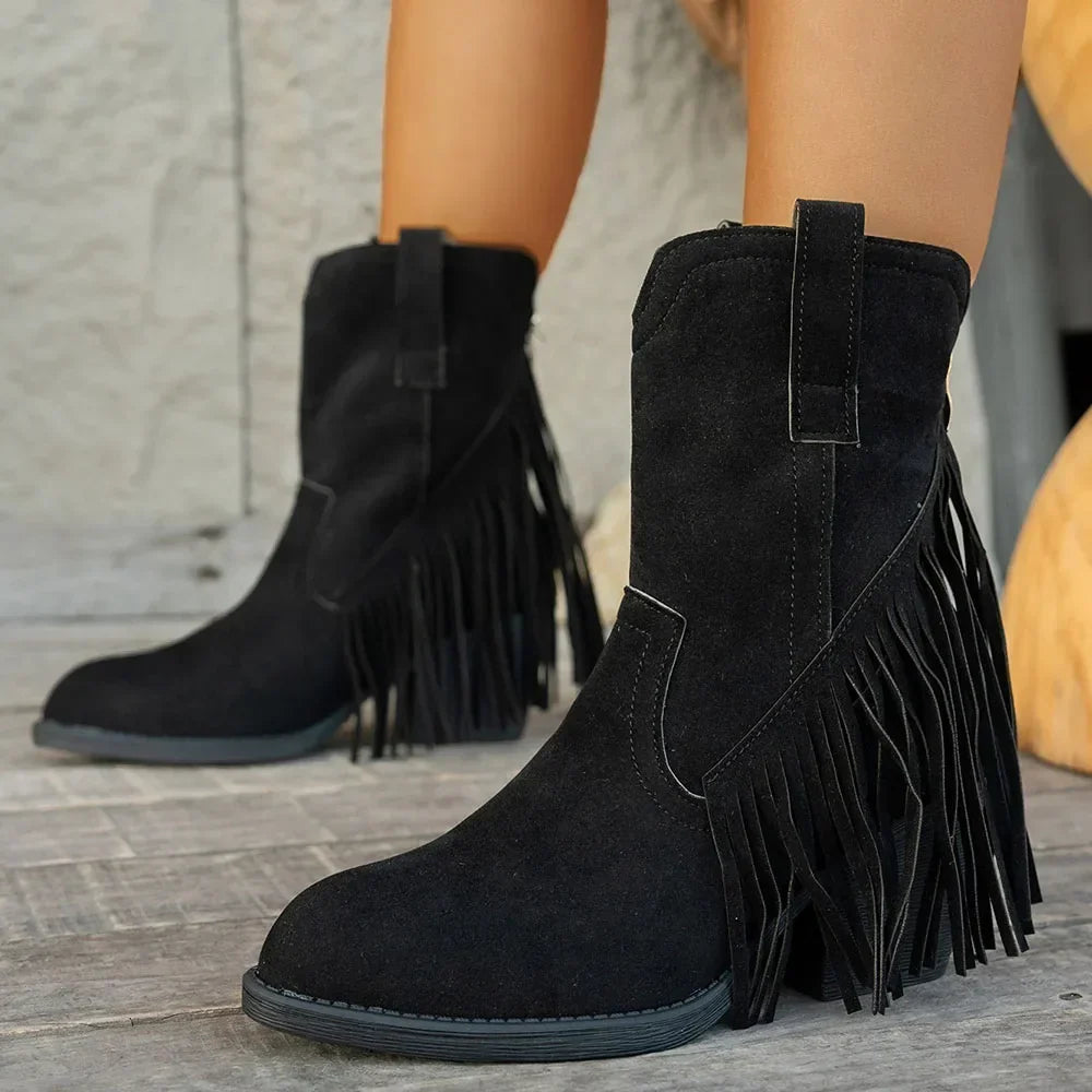 Women's Cowboy Boots Fringe Detail Fold-Over Strap Western Style Everyday