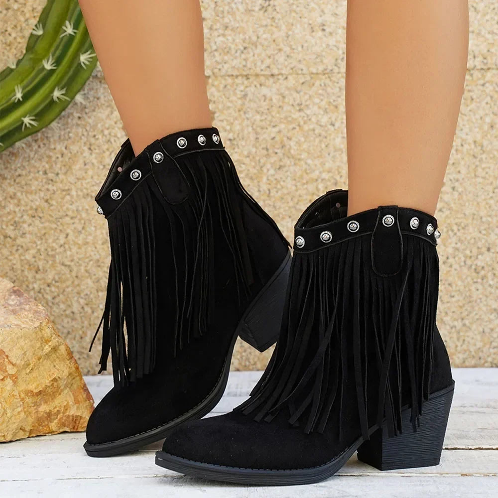 Women's Cowboy Boots Fringe Detail Fold-Over Strap Western Style Everyday