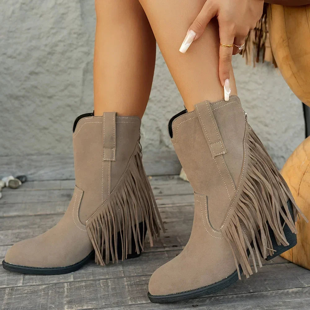 Women's Cowboy Boots Fringe Detail Fold-Over Strap Western Style Everyday