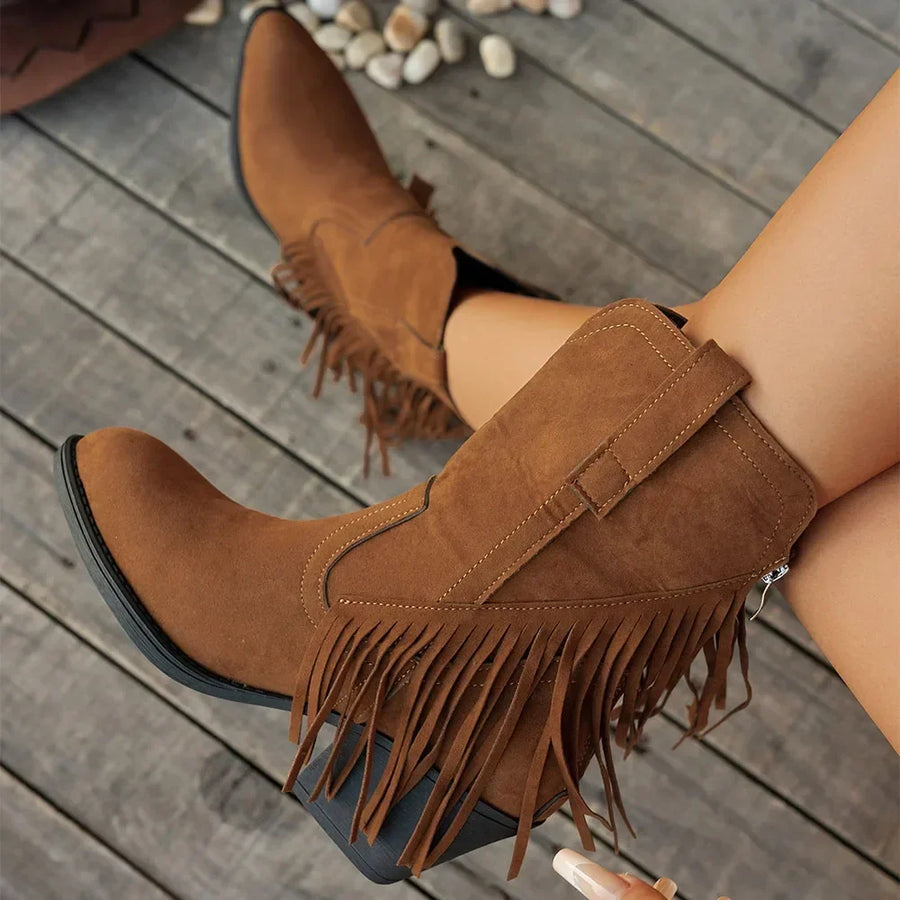 Women's Cowboy Boots Fringe Detail Fold-Over Strap Western Style Everyday