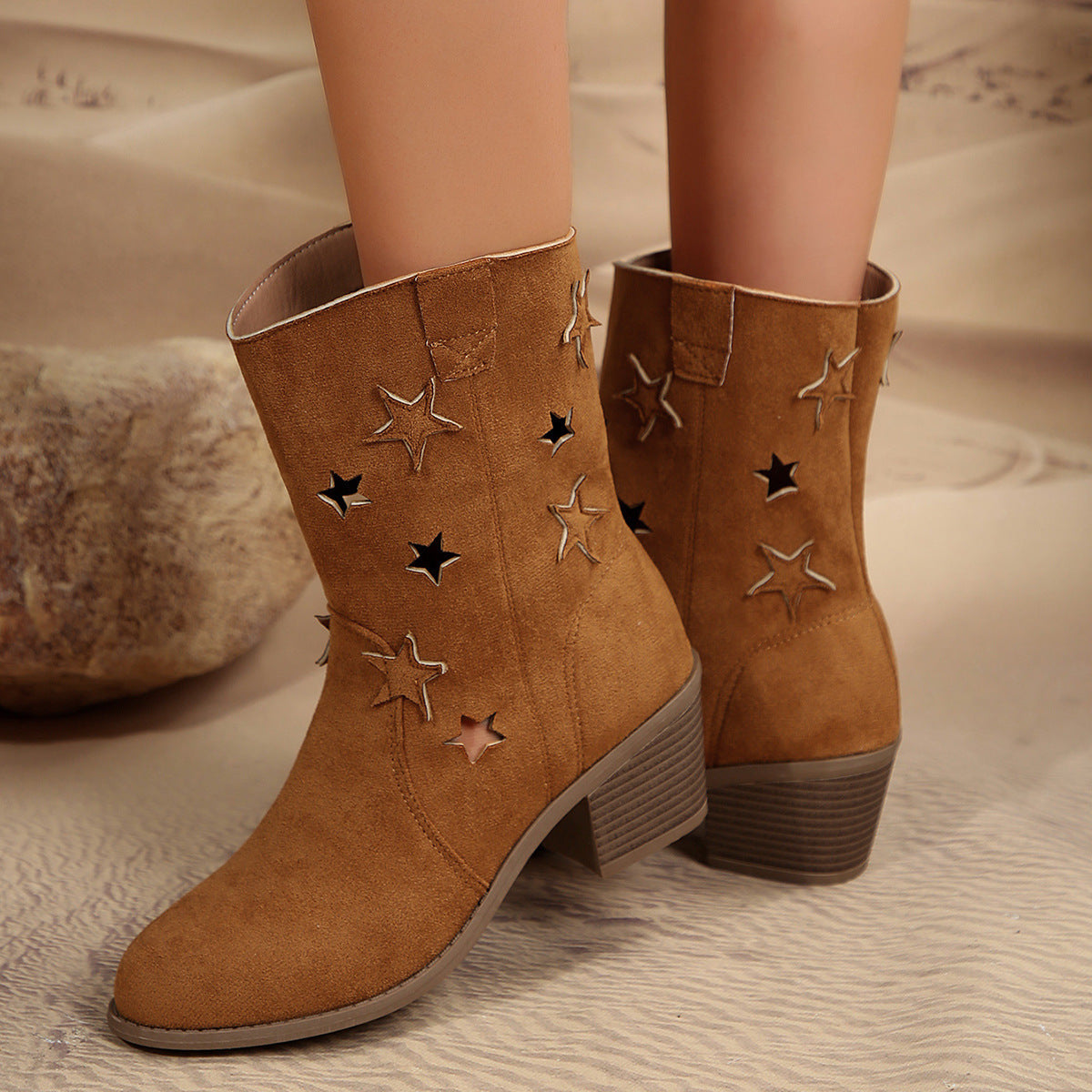 Women's Retro Cowboy Boots Star Cut-Out Detail Block Heel Stylish Western