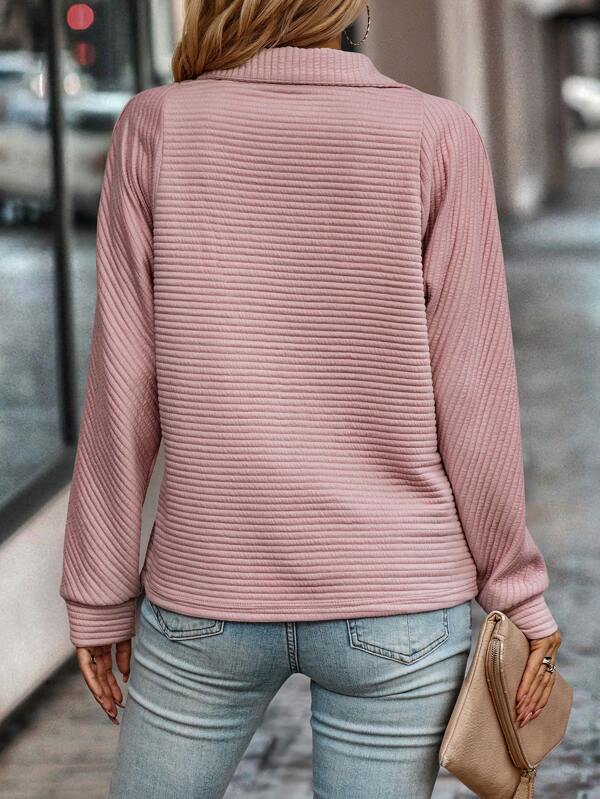 Women's Ribbed Half Zip Sweatshirt Stand Collar Relaxed Fit Casual Layering