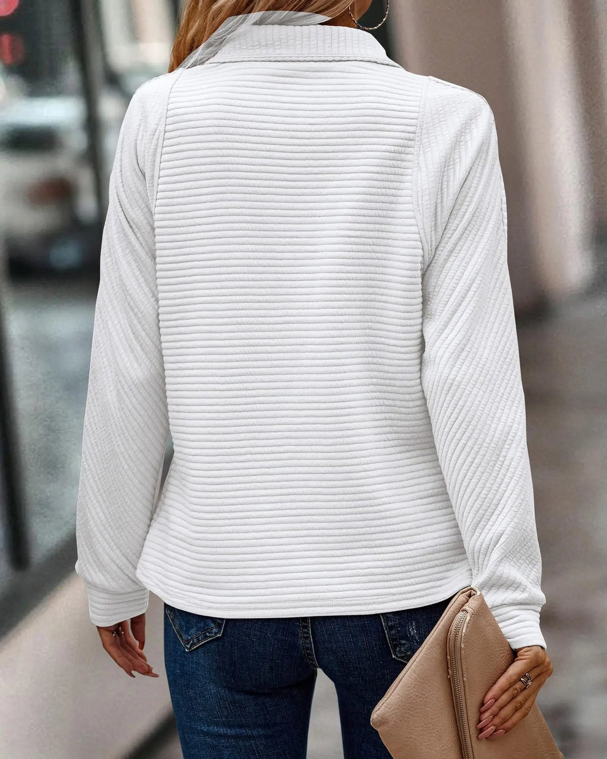 Women's Ribbed Half Zip Sweatshirt Stand Collar Relaxed Fit Casual Layering