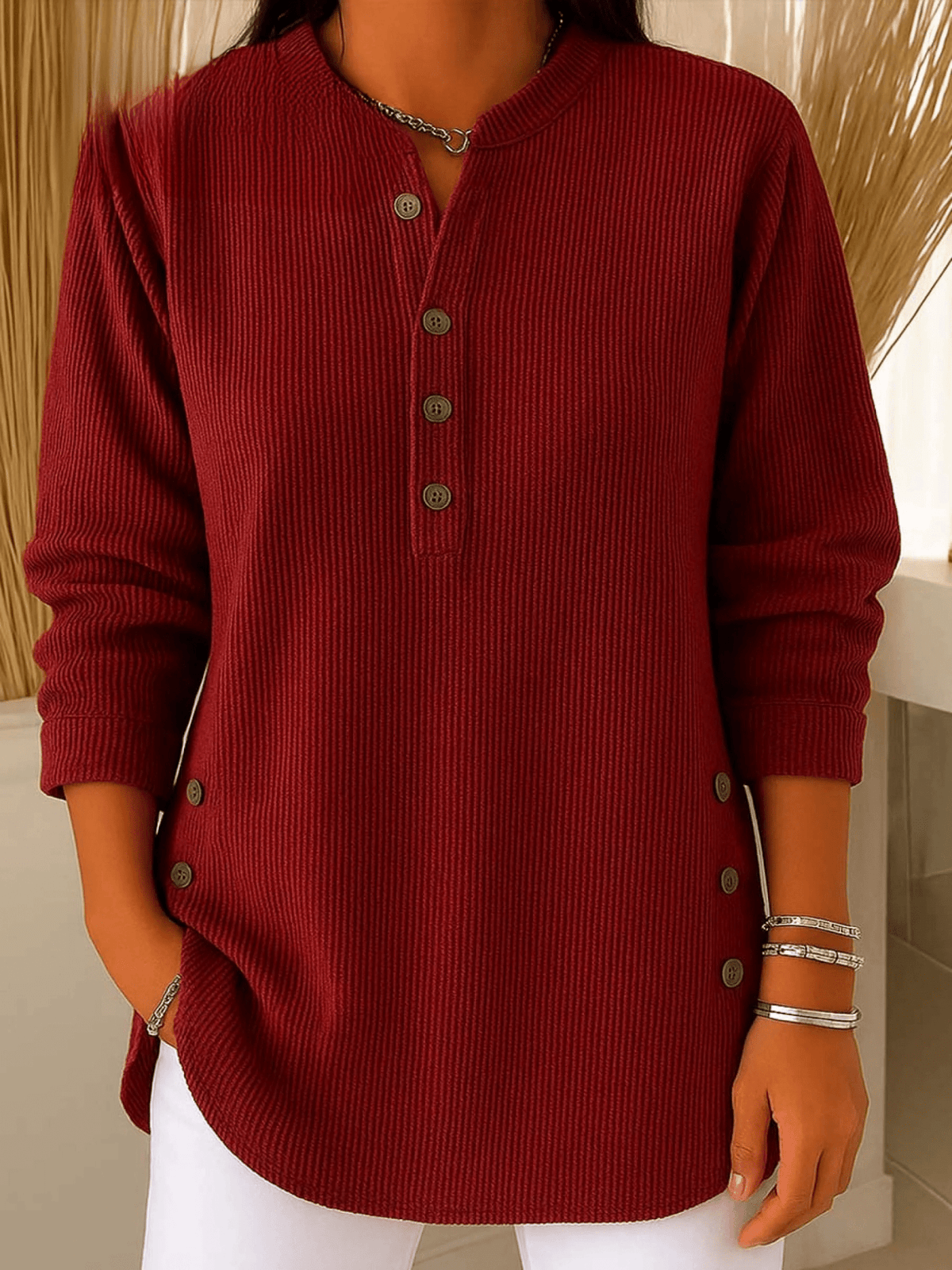 Women's Ribbed Tunic Top Henley Neckline Side Button Detail Casual Everyday
