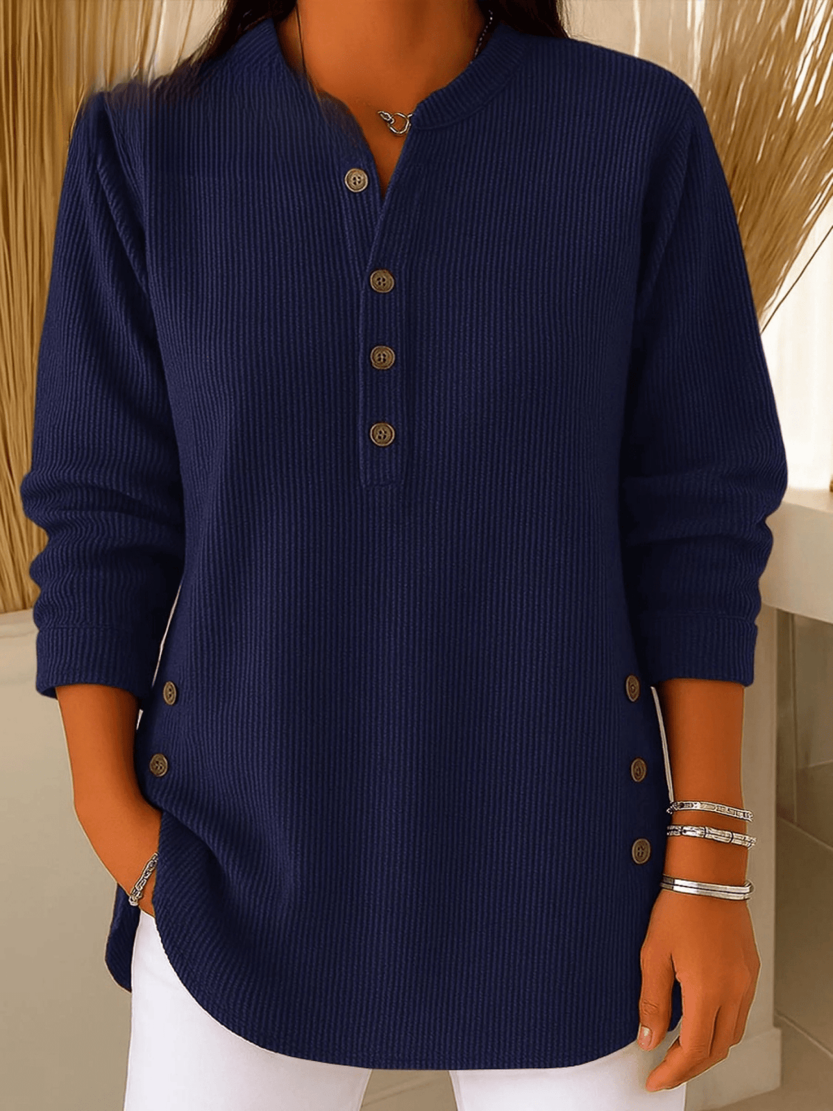 Women's Ribbed Tunic Top Henley Neckline Side Button Detail Casual Everyday