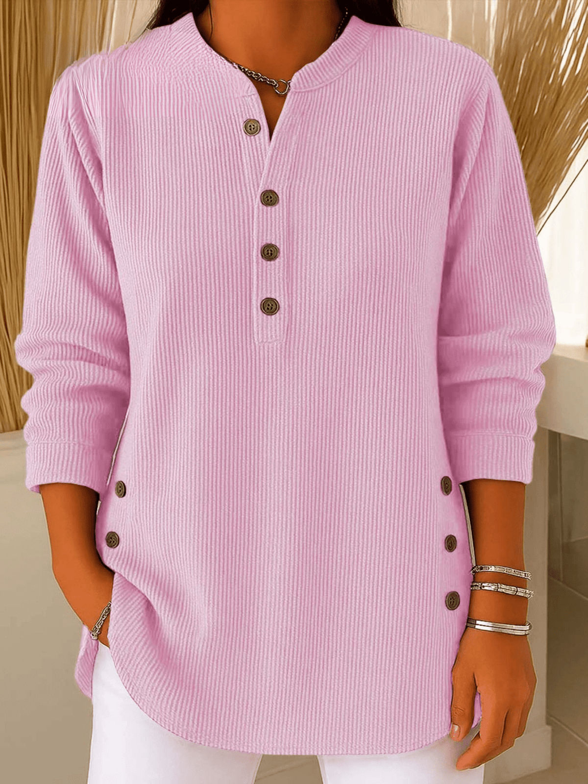 Women's Ribbed Tunic Top Henley Neckline Side Button Detail Casual Everyday